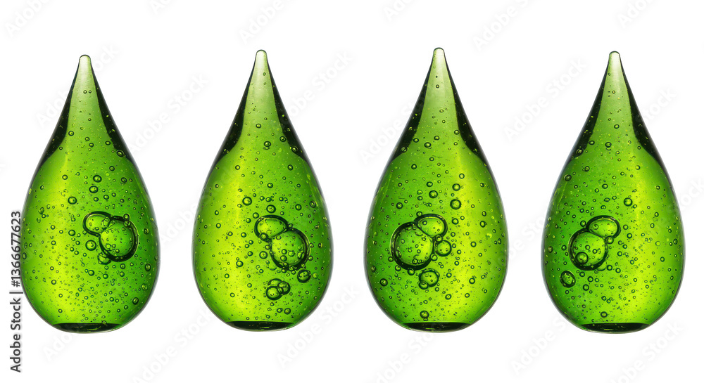 Poster four green liquid drops with bubbles arranged in a row on a pixelated black and gray background patt