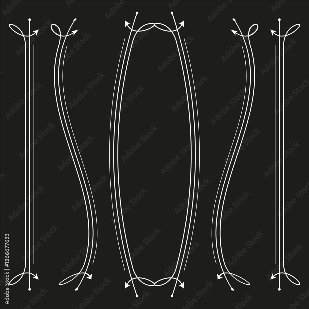 Poster ornamental arrows icon. elegant curve design. symmetrical white lines. black background vector.