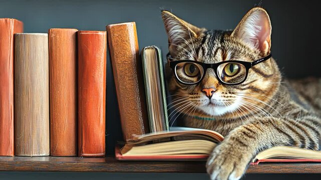 Cat with glasses resting on a stack of books