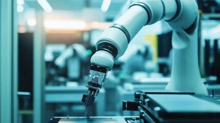 A robotic arm in a high tech lab, assembling micro-sensors for environmental monitoring systems with precision, Tech style