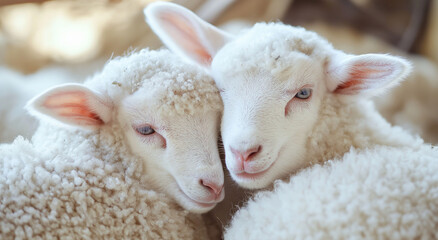 Fototapeta premium Close-Up White Lambs Cuddling: Adoráveis ​​ovelhas bebês, lã fofa, animais de fazenda pacíficos