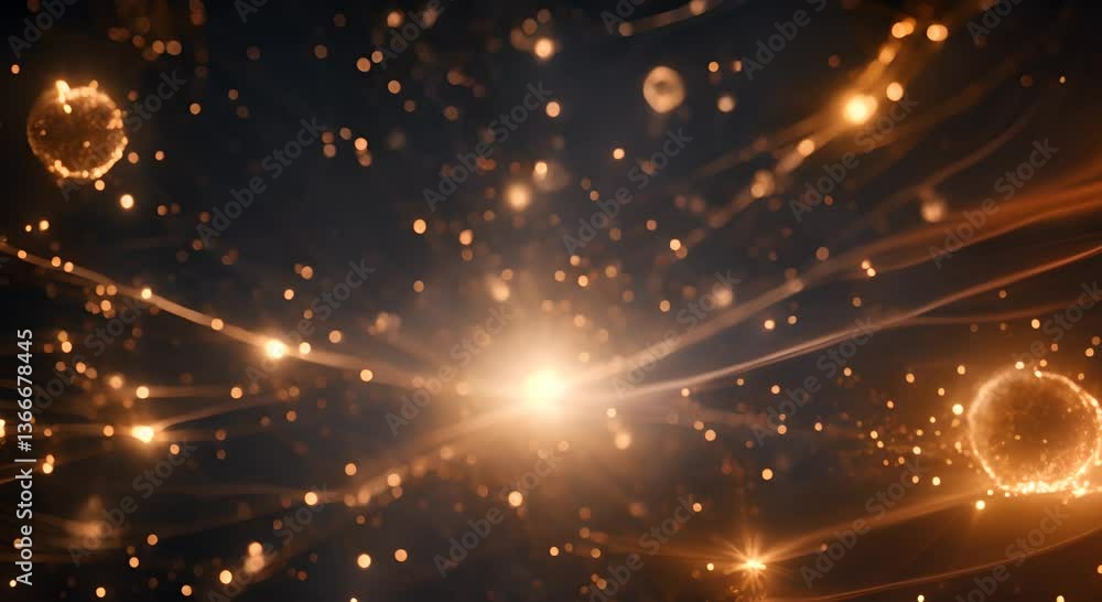 Poster an abstract image of particles and light in a dark space background representing the mysteries of th