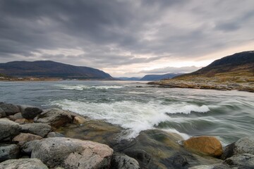 Obraz premium River rapids, mountains, cloudy sky, autumn landscape, nature photography