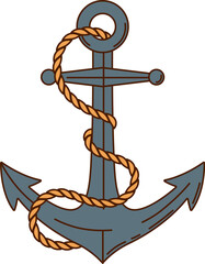 Cartoon groovy corsair and pirate ship anchor. Isolated vector traditional navy anchor wrapped with a thick rope, symbolizing strength, stability, and maritime adventure. Nautical sailing equipment
