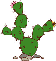 Cartoon groovy wild west western prickly pear cactus with green paddle like segments, sharp spines and small blooming flowers. Vector desert plant symbolizes arid landscapes of the American southwest