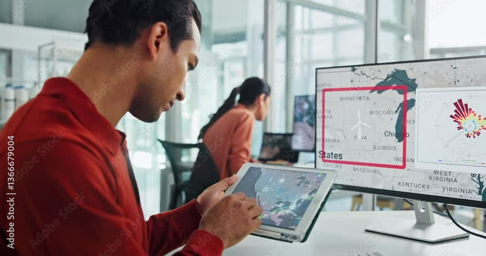 Poster wind, engineer and man on tablet in office to scroll map for turbine, renewable research and locatio