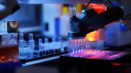 A robotic arm in a high tech laboratory, assembling quantum computing components with precision, Quantum-tech style