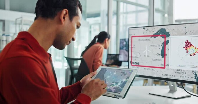 Wind, engineer and man on tablet in office to scroll map for turbine, renewable research and location. Computer screen, worker and global planning for sustainable data or clean energy development