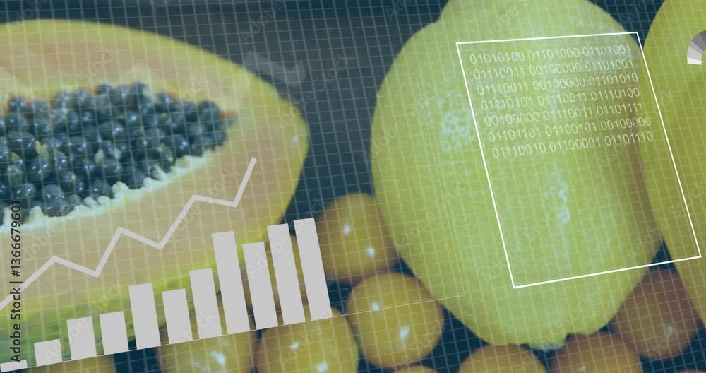 Poster papaya and lemons with data charts and binary code overlay animation