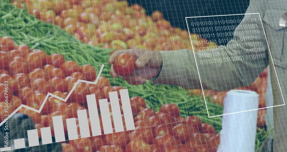 Poster hand selecting tomatoes, data analytics animation overlaying graphs and binary code