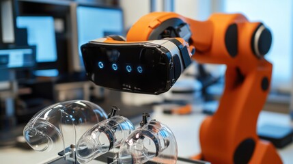 A robotic arm in a high tech optics lab, assembling complex lenses for virtual reality headsets, Optical style