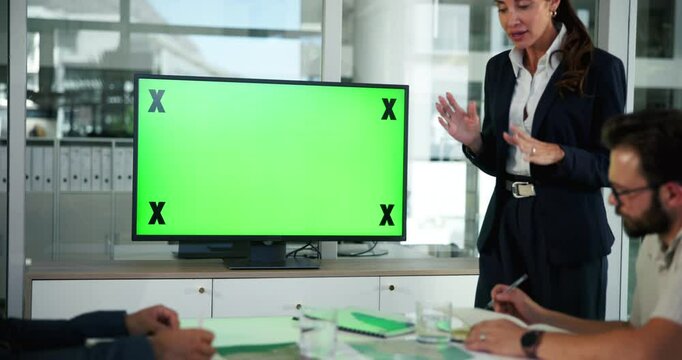Green screen, presentation and business people in meeting, planning or ideas for eco friendly project. Employees, tracking markers or coworking in office, feedback or proposal for renewable energy