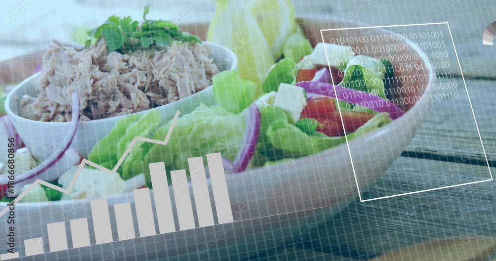 Poster salad and tuna dish with data processing animation overlaid on grid background