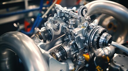 A robotic arm in a high tech precision automotive repair shop, assembling high-performance turbochargers for racing cars, Auto-tech style