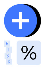 Plus symbol, percentage sign, and stacked RISK blocks. Ideal for finance, investment, risk management, business growth, decision-making, calculations abstract line flat metaphor
