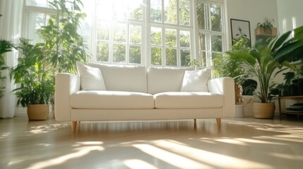 Sun-drenched living room with white couch and lush plants