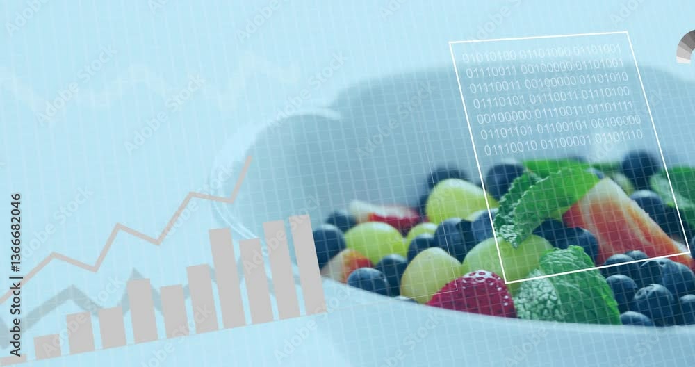 Poster fruit bowl with data processing animation overlaid, showing binary code and graphs