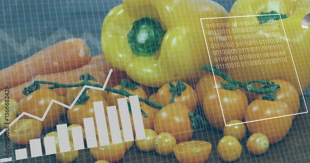 Poster yellow peppers and tomatoes with data charts and binary code overlay animation