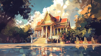 Digital painting of thai temple in bangkok, thailand Thai Temple Illustration