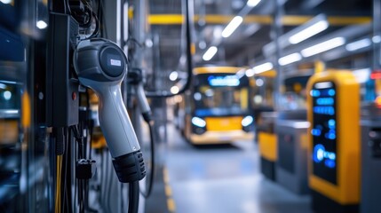 Fototapeta premium A robotic arm in a high tech transportation factory, assembling electric bus charging stations with precision for urban electric transit, Transport-tech style