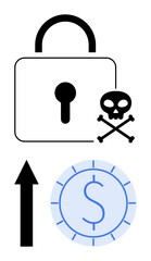 Padlock with skull and crossbones icon representing security risks, dollar coin and upward arrow symbolizing financial growth. Ideal for data protection, malware, fraud prevention, financial