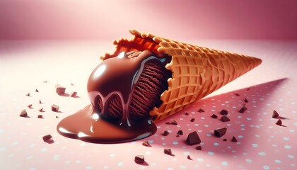 A crispy waffle cone spilling smooth chocolate ice cream, melting on a pastel pink background, artistic food photography.