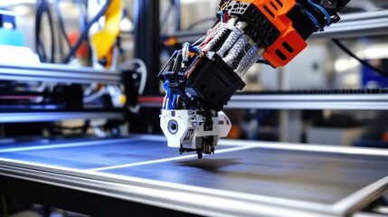 A robotic arm in a large scale printing facility, assembling 3D printers for rapid prototyping with AI-powered accuracy, Printing-tech style