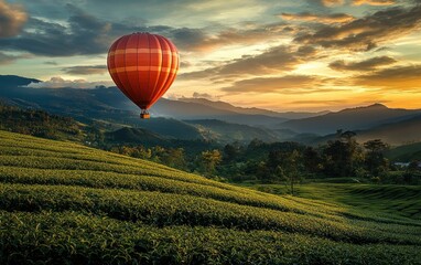 Obraz premium Hot Air Balloon Flying Over Green Tea Plantation at Sunset