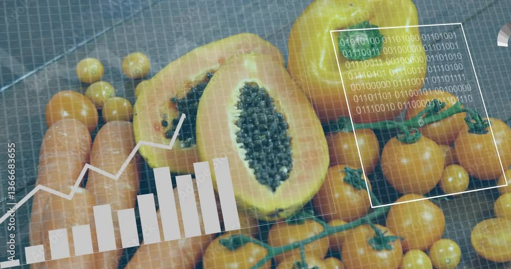 Poster animation of papayas and tomatoes with data charts and binary code overlay