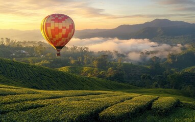 Obraz premium Hot Air Balloon Flying Over Green Tea Plantation Hills at Sunrise