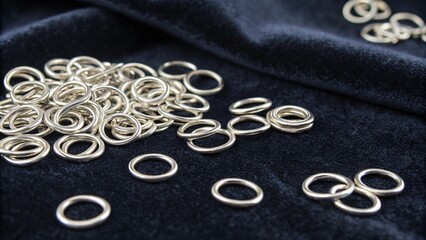 A close-up of 50pcs 6mm silver jump rings scattered on a dark blue velvet surface, showcasing jewelry making supplies.
