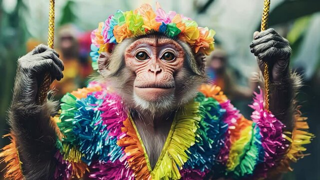 Playful monkey in colorful costume swinging in jungle setting.