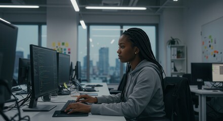Fototapeta premium Focused Black Female Software Engineer Working Late at Night in Modern Office