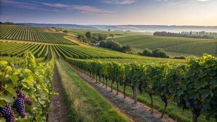 Fototapeta premium A vineyard landscape with rows of grapevines stretching across rolling hills, showcasing a wine region. 