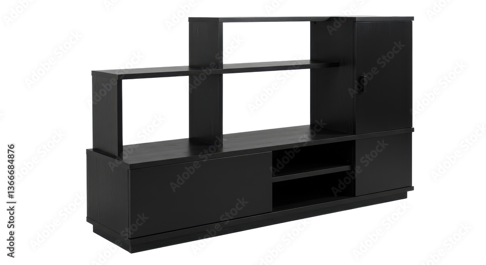 Poster a dark media console with shelves and a cabinet is displayed in a studio setting against a white bac