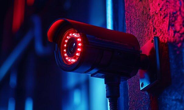 A security camera is mounted on a textured surface