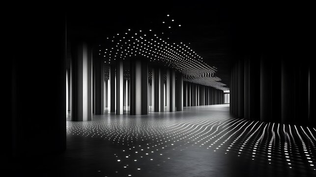 An architectural interior featuring cylindrical columns and illuminated light fixtures