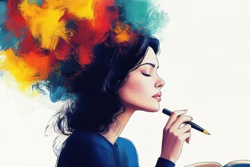 Fototapeta premium A thoughtful woman with colorful creative thoughts represented as splashes of paint, symbolizing inspiration and imagination in art