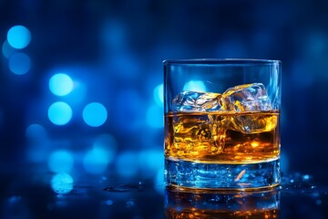 A glass of whiskey on a dark blue background, high-resolution photography.