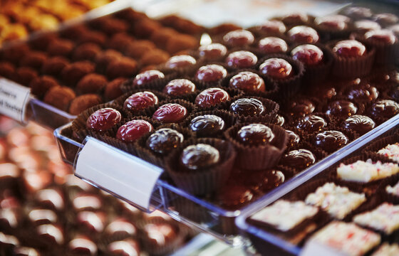 Close up of assorted gourmet chocolate truffles 