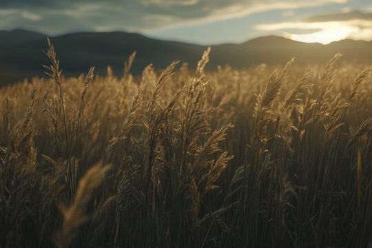 Golden wheat field glows at sunset with mountain backdrop on cloudy sky