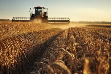 Fototapeta premium Combine Harvester Cuts Wheat Field at Sunset - Agriculture Farming