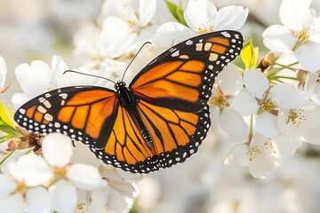A vibrant monarch butterfly resting on the delicate petals of white cherry blossoms, symbolizing spring's gentle arrival in nature.