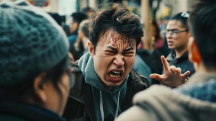 Obraz premium Veins throb on his forehead as he argues aggressively in a crowded space; onlookers stare, and tension fills the air. Cinematic, hostile.