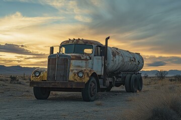 Weathered Vintage Tanker Truck Abandoned in Arid Desert Landscape at Sunset