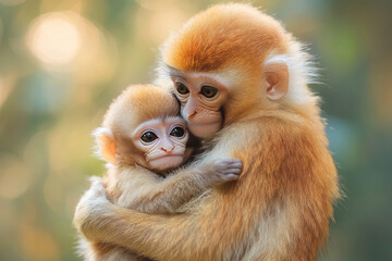 a touching scene: a monkey gently hugs her baby. Both sit pressed against each other, their faces full of love, warmth and care.  