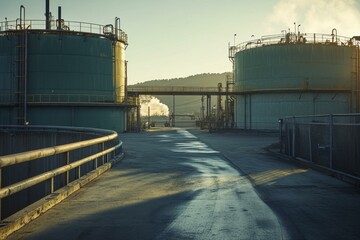 Obraz premium Industrial Plant with Green Storage Tanks and Steam, Connecting Walkways at an Oil and Gas Refinery at Sunset