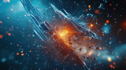 Obraz premium A futuristic explosion scene in space with asteroid debris and glowing elements against a background of stars. Sci-fi digital illustration. 
