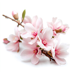 Naklejka premium Blossom Branch Serenity: Delicate, petal-laden pink magnolia flowers in full bloom grace a slender branch, embodying the essence of spring's gentle arrival and fresh beauty.