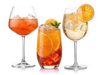 Sparkling Aperol Spritz and Bellini cocktails in elegant glasses, garnished with vibrant orange slices and fresh mint, a refreshing summer drink.